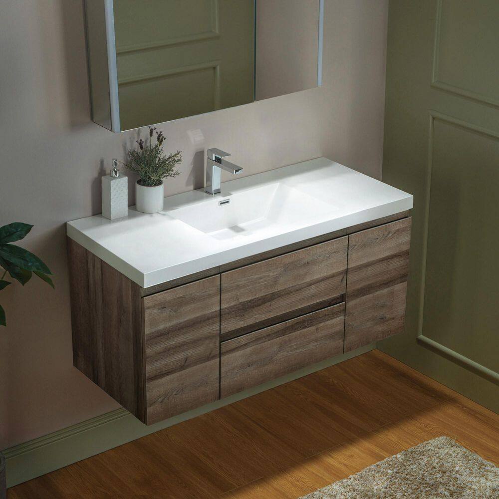 47" Gray Oak Wall-Mounted Floating Vanity with White Resin Top