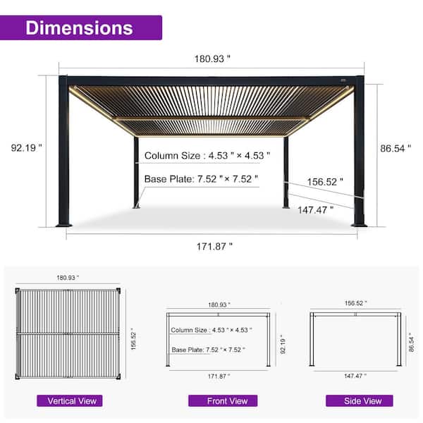 PURPLE LEAF 13 ft. x 15 ft. Gray Aluminum Outdoor Louvered Pergola