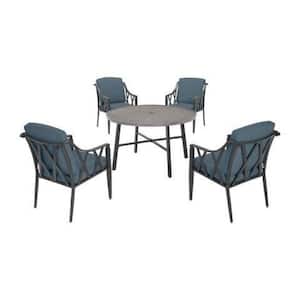 Harmony Hill 5-Piece Black Steel Outdoor Patio Dining Set with Sunbrella Denim Blue Cushions