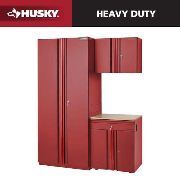 Heavy Duty 64 in. W x 81 in. H x 24 in. D Pre-Assembled Steel 3-Piece Garage Storage System in Red with Wood Worktop