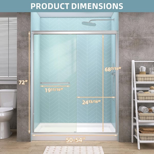 Getpro 50 in.-54 in. W x 72 in. H Double Sliding Framed Alcove Bypass Shower Door in Brushed Nickel with 1/4 in. Clear Glass