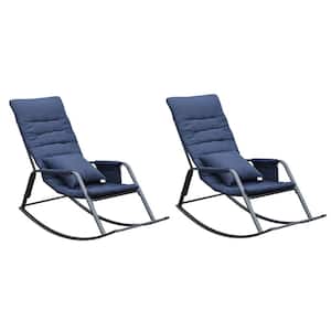 TD Garden Ergonomic Metal Outdoor Rocking Chair with Blue Cushion (Set of 2)