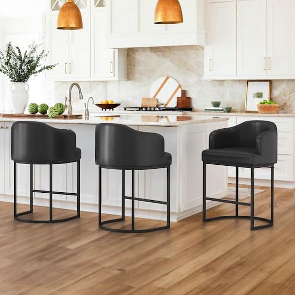 Crystal Black 26in. Counter Height Faux Leather Upholstered Bar Stool Kitchen Island Stool With Metal Frame Set of 3