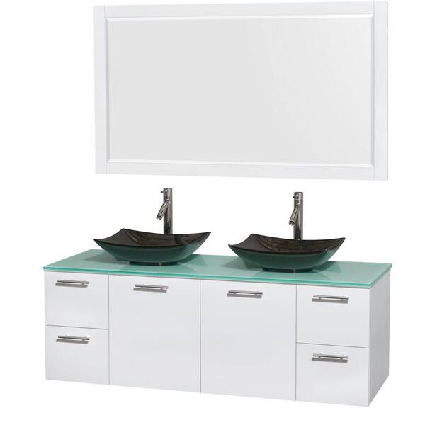 Wyndham Collection Amare 60 in. Double Vanity in Glossy White with Glass Vanity Top in Green, Granite Sinks and 58 in. Mirror