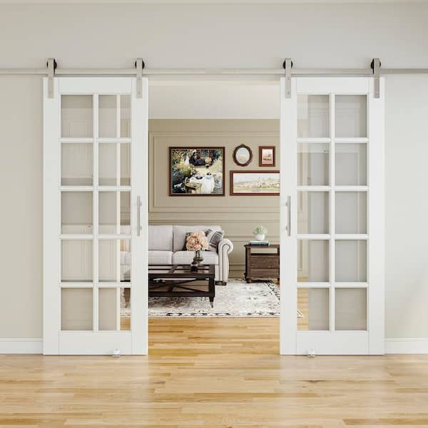 60 in. x 80 in. 10-Lite Clear Glass White Primed Glass Sliding Barn Door with Hardware Kit Nickel Plated