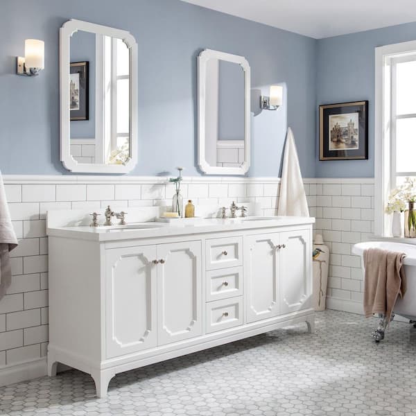 Queen 72 in. Pure White With Quartz Carrara Vanity Top With Ceramics White Basins and Faucet