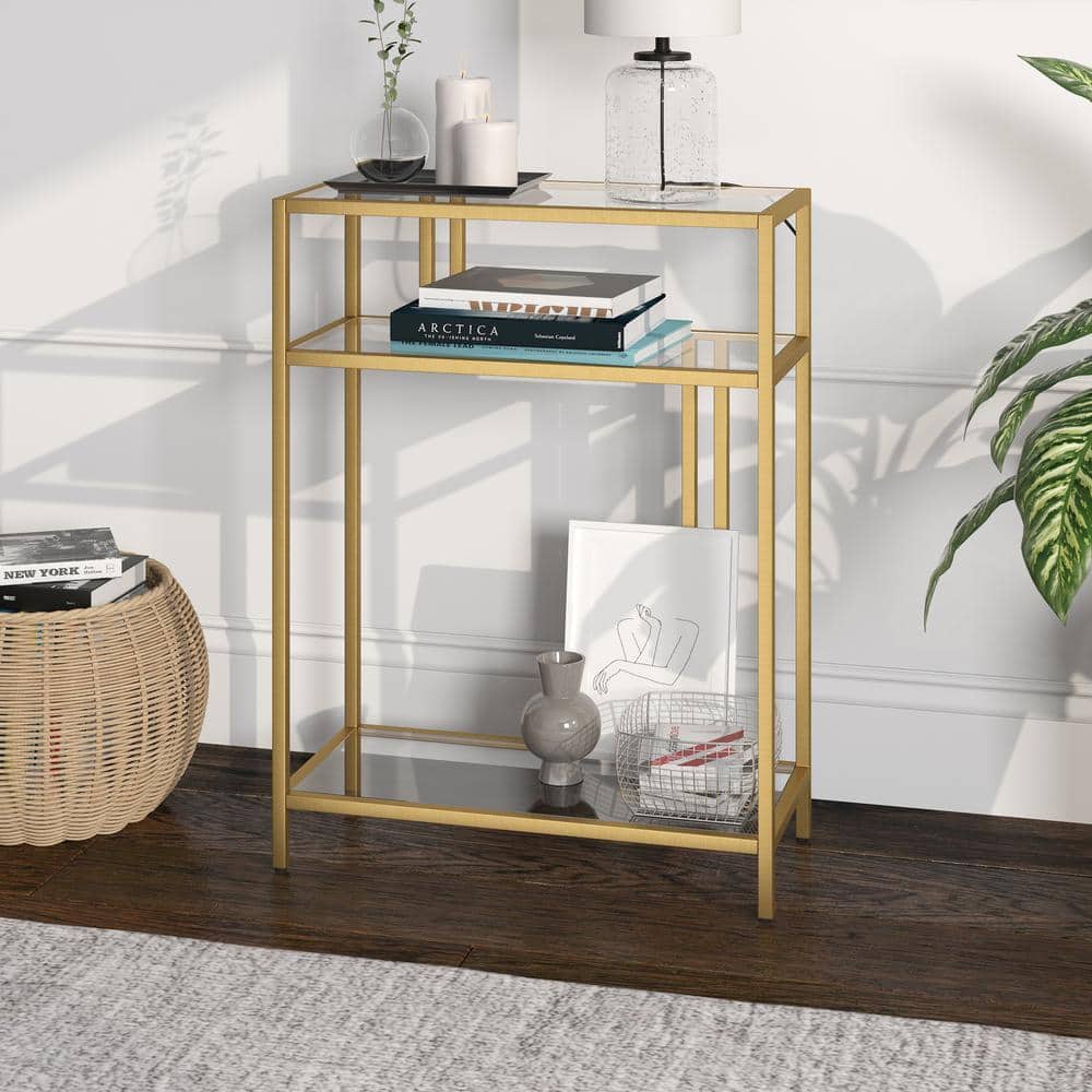 Compact Gold Industrial Console Table with Tempered Glass Shelves