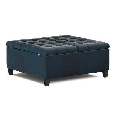 Harrison Coffee Table Storage Ottoman in. Distressed Dark Blue Faux Leather