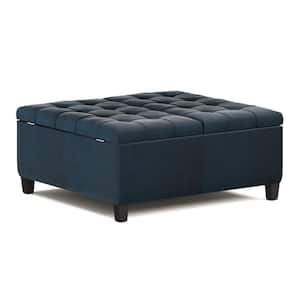 Harrison 36 in. Wide Traditional Square Coffee Table Storage Ottoman in Distressed Dark Blue Vegan Faux Leather