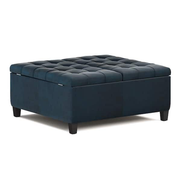 Simpli Home Harrison 36 in. Wide Traditional Square Coffee Table Storage Ottoman in Distressed Dark Blue Vegan Faux Leather