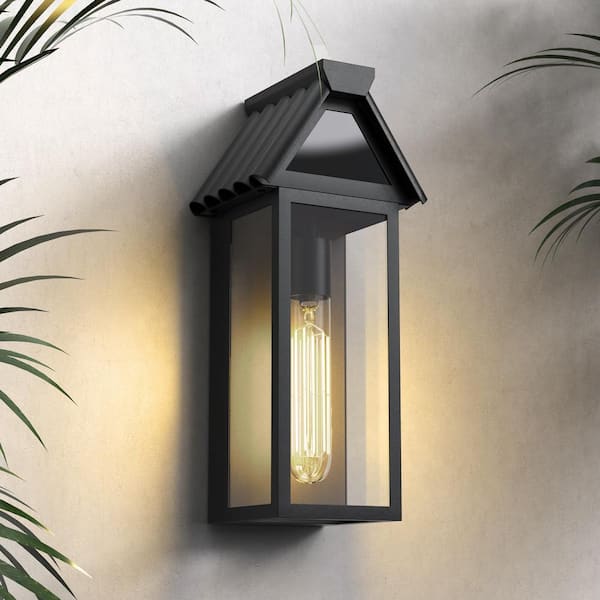 Montpelier 15 in. 1-Light E26 Sand Grain Black Dusk to Dawn Outdoor Hardwired Wall Lantern Scone