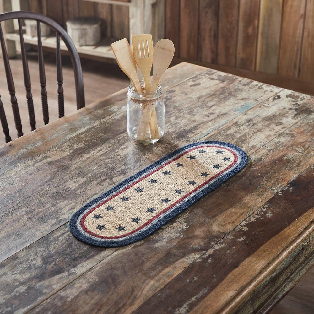 Navy and Natural Cotton Blend Oval Table Runner with Stenciled Stars