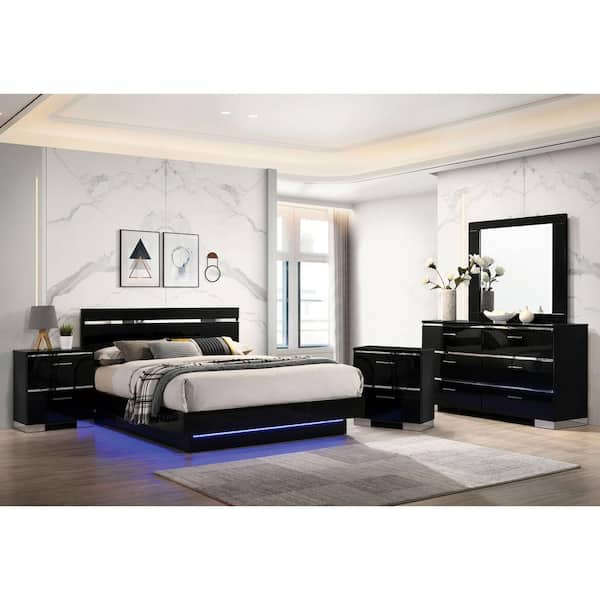 Gensley 5-Piece Black and Chrome Queen Bedroom Set with Dresser/Mirror and 2-Nightstands