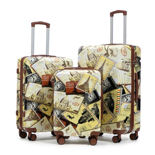 3 Pcs Black+Vintage Polycarbonate Hardside Spinner Wheels Luggage Set w/ Combination Lock