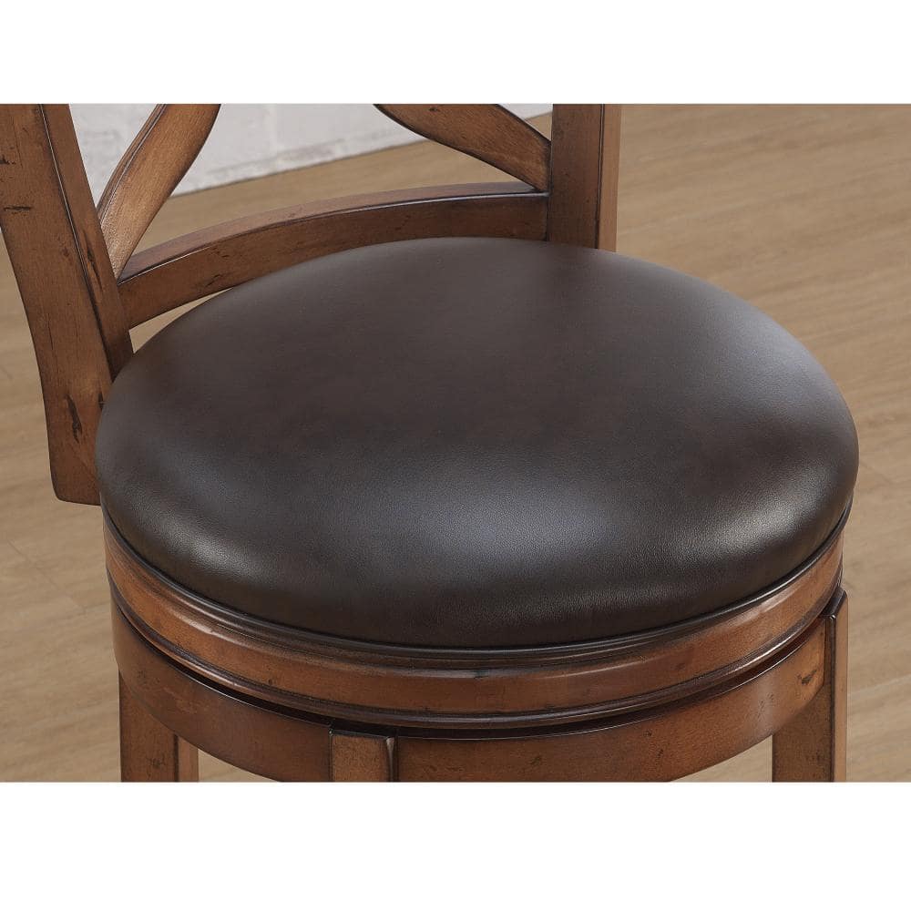 Transitional Brown Leather Swivel Chair with Carved Flower Detail