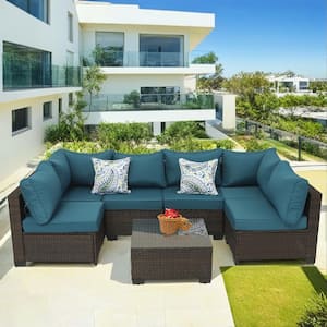 Patio Furniture Set 7-Pieces Wicker Outdoor Sectional Conversation with Couch Chairs Coffee Table Peacock Blue Cushions