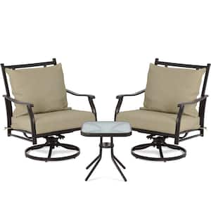 3-Piece Metal Swivel Outdoor Chairs Patio Conversation Set with Khaki Cushions and Toughened Glass Table