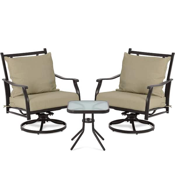 Aoodor 3-Piece Metal Swivel Outdoor Chairs Patio Conversation Set with Khaki Cushions and Toughened Glass Table