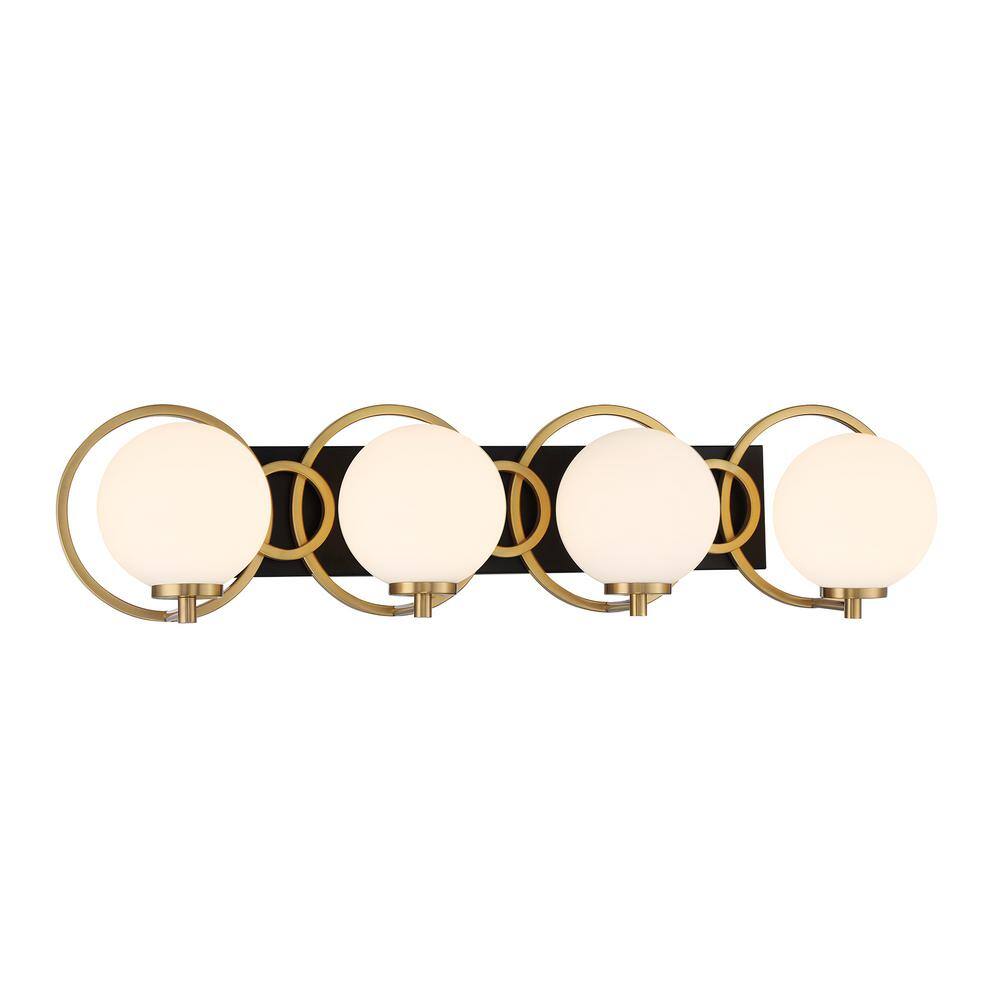 Matte Black and Warm Brass 4-Light Vanity with Frosted Glass Shades
