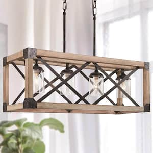 Modern Farmhouse Wood Chandelier Over Dining Table, 4-Light Hammered Black Island Pendant Light with Clear Glass Shades