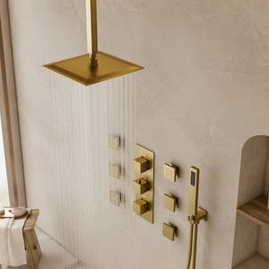 5-Spray Patterns Shower Faucet Set 12 in. Ceiling Mount 2.5 GPM with 6-Jets in Brushed Gold