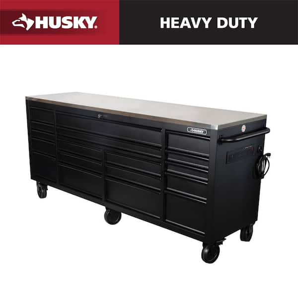 84 in. W x 24 in. D 18-Drawer Heavy-Duty Mobile Workbench with Stainless Steel Top in Matte Black
