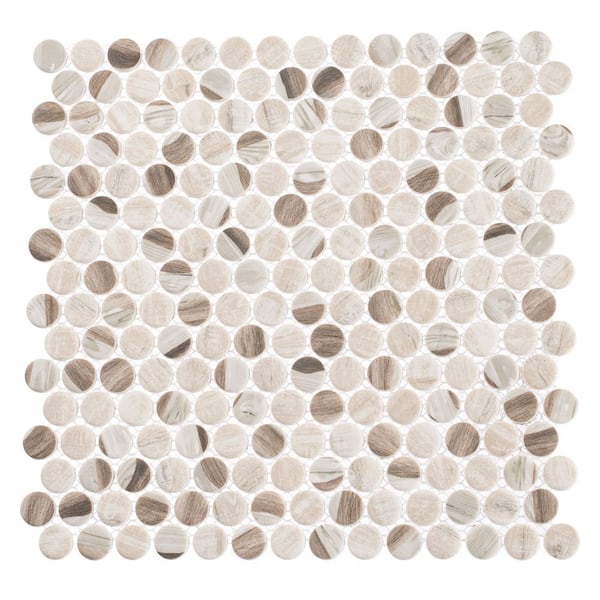 ANDOVA Dexo Josen Tan/Brown 4.5 in. x 8.25 in. Penny Round Smooth Glass Mosaic Tile Sample