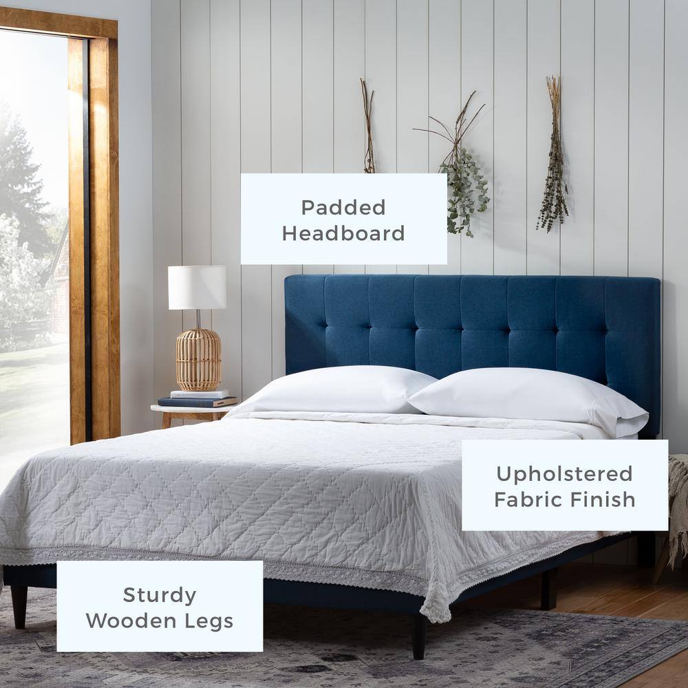 King-Sized Navy Linen-Tufted Upholstered Platform Bed with Wooden Slats