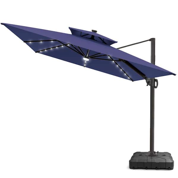 Pellebant Solar LED Double Top 9 ft. x 11 ft. Outdoor Cantilever 360° Rotation Tiltable Patio Umbrella with Base in Navy