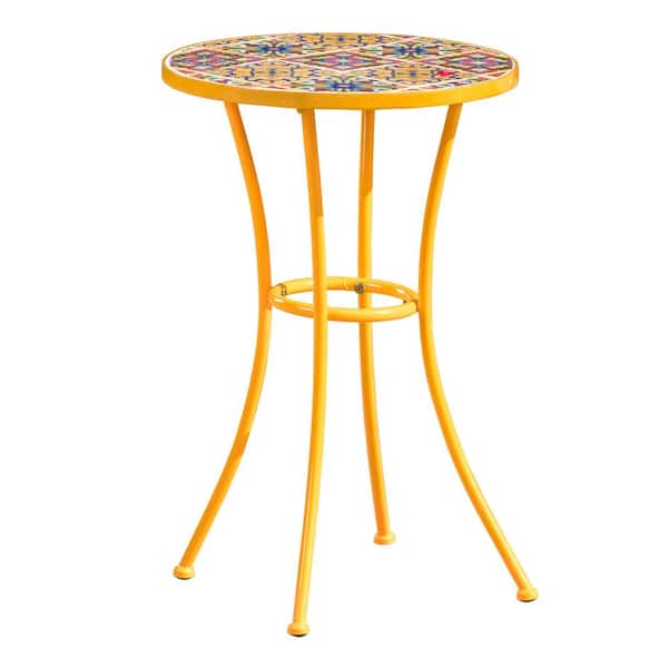 Yellow Round Metal Outdoor Side Table with Tile Mosaic Table Top and Metal Legs