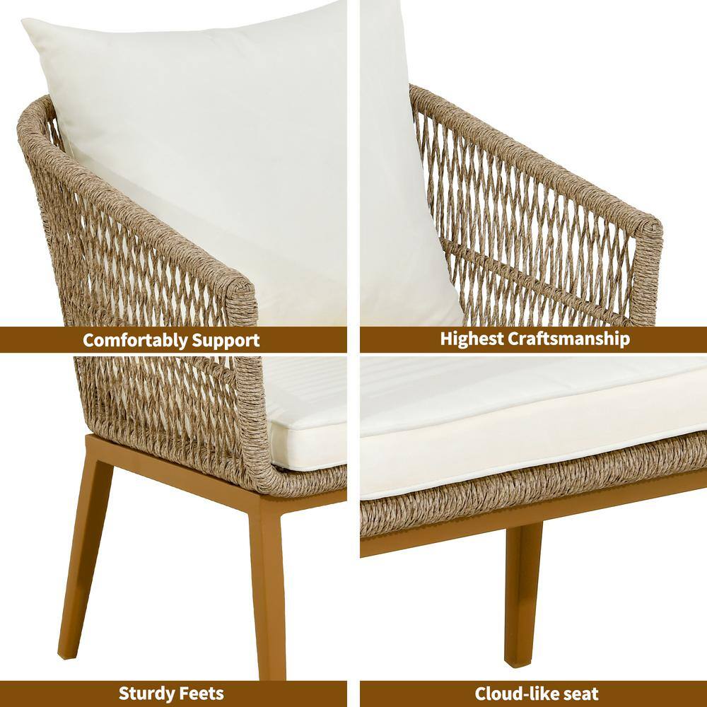Tan Wicker Dining Chair with Cushions and Steel Frame