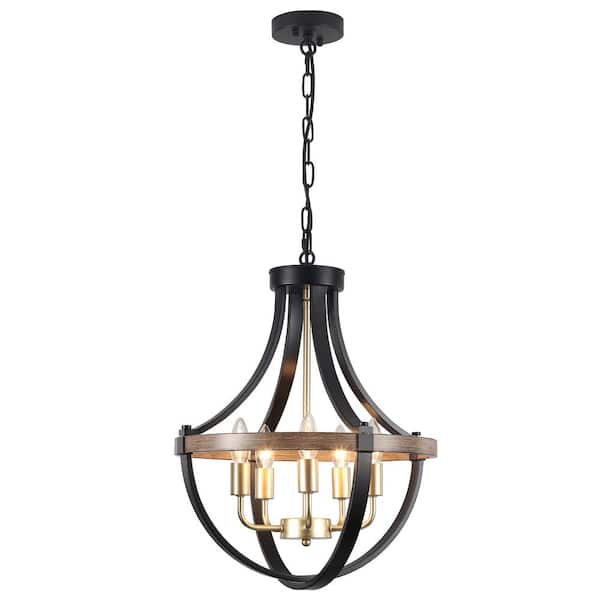 16.5 in. 5-Light Black/Brown/Gold Modern Empire Candle Chandeliers Rustic Lantern Pendant for Living Room Hallway Foyer