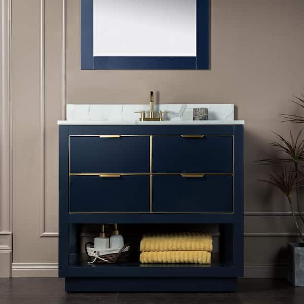 WOODBRIDGE Venice 43 in.W x 22 in.D x 38 in.H Bath Vanity in Navy Blue with Fish Belly Engineered stone Vanity Top with White Sink