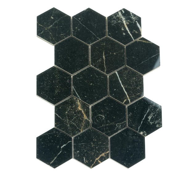 Apollo Tile Splendor 4 in. x 0.41 in. Polished Black Porcelain Mosaic Hexagon Wall & Floor Sample Tile (0.14 sq. ft./case) (1-pack)