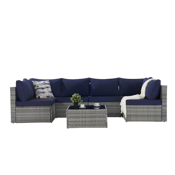 Unbranded Gray 7-Piece Wicker Outdoor Sectional Set Patio Funiture Set Sofa Set with Navy Blue Cushions and Coffee Table