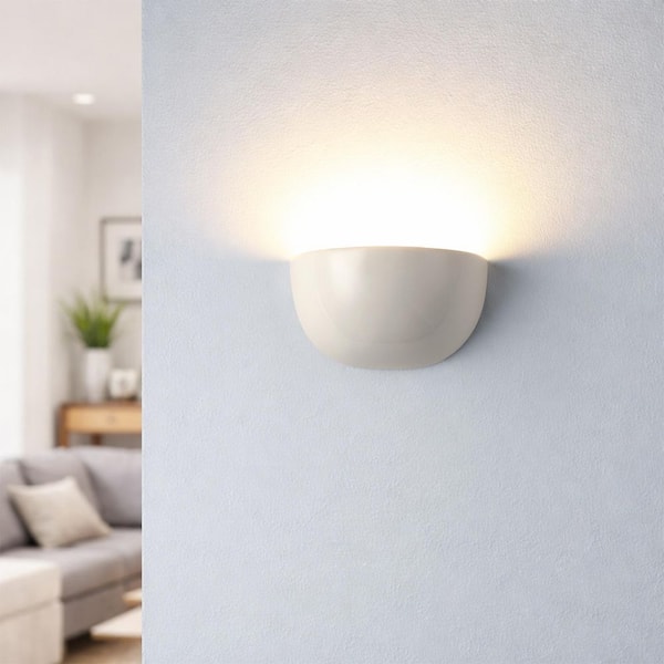 8 in. 1-Light White Ceramic Half Moon Vanity Wall Sconce