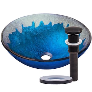 Diaccio Glass Round Vessel Sink in Hand Painted Blue with Drain in Oil Rubbed Bronze