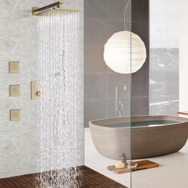 Modern Wall Mounted Brass Rainfall Shower Head System Round Fixed Shower  Head Home Bathroom Luxury Rain Mixer Shower Set with High Pressure, Gold