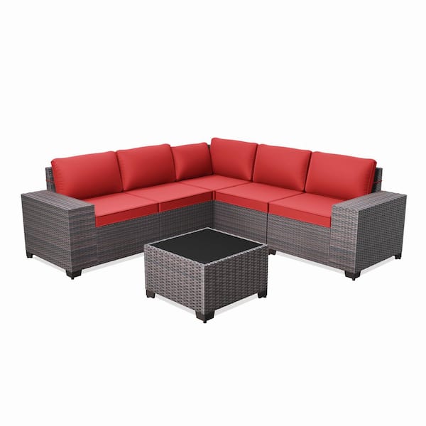 6-Piece Wicker Outdoor Sectional Set with Glass Coffee Table and Red Cushions