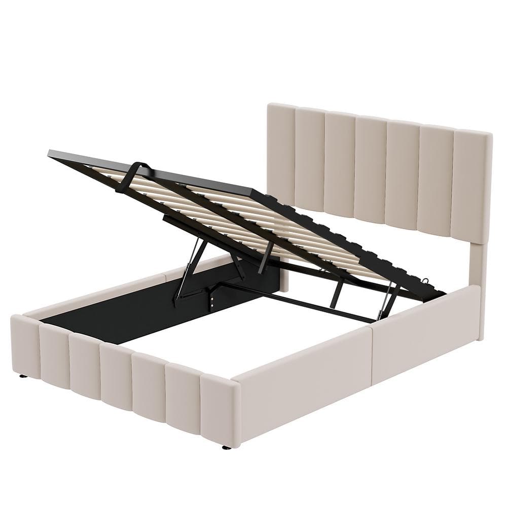 Beige Full Size Upholstered Platform Bed with Hydraulic Storage