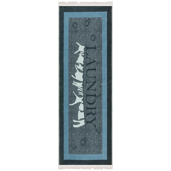 Ottomanson Non Shedding Washable Wrinkle-free Cotton Flatweave Text Design 2x5 Laundry Room Runner Rug,20 in. x 59 in., Dark Gray
