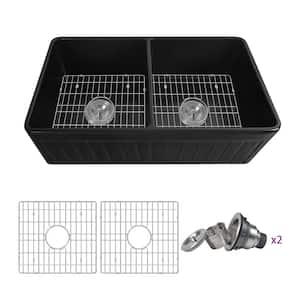 33 in. Farmhouse Apron Front Double Bowl Kitchen Sink in Black Fireclay, Grids and Strainer Included