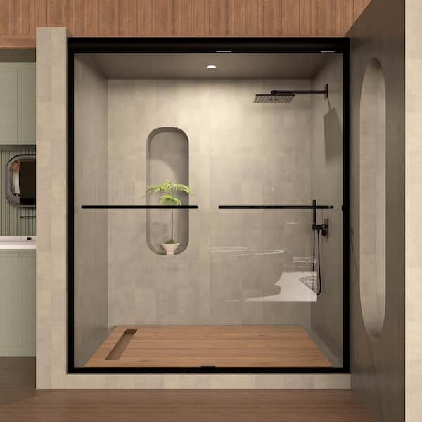 60 in. W x 76 in. H Sliding Semi-Framless Shower Door in Matte Black Finish with Clear Tempered Glass
