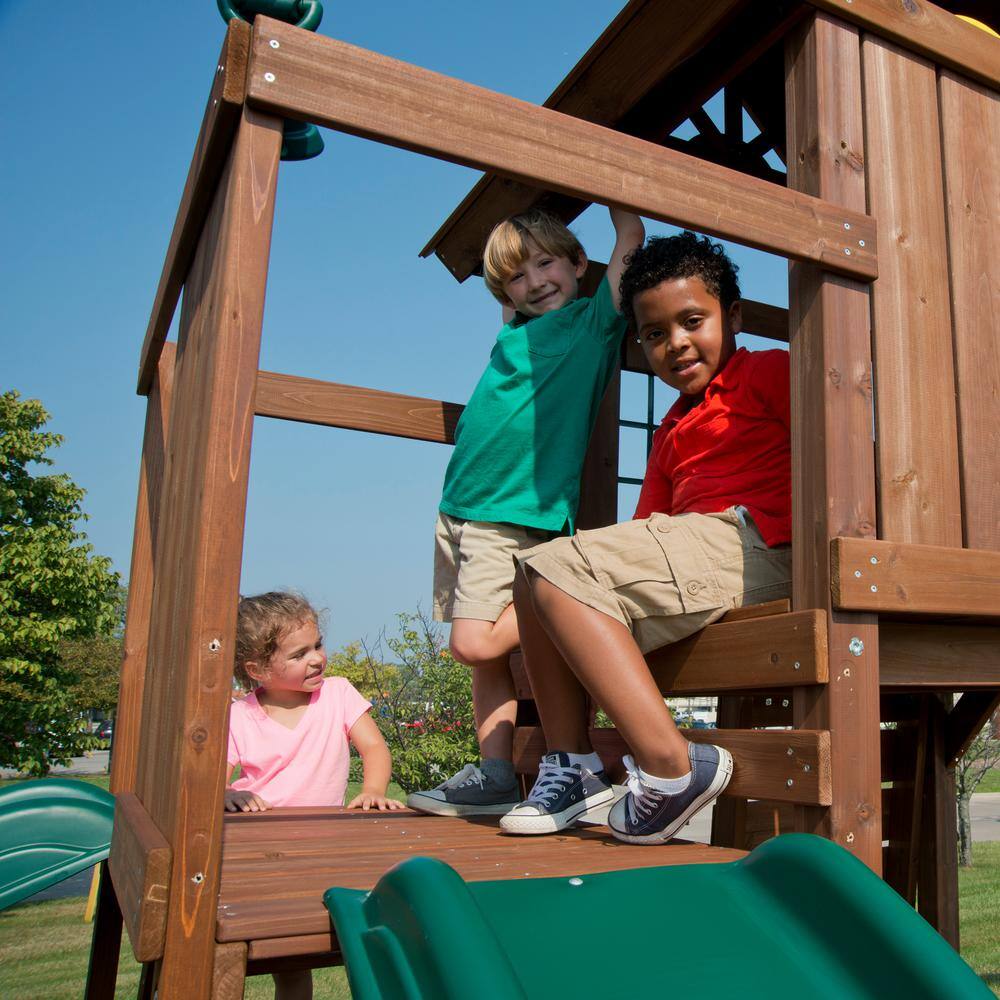 Monteagle Wooden Outdoor Swing Set with Wave Slides and Swings