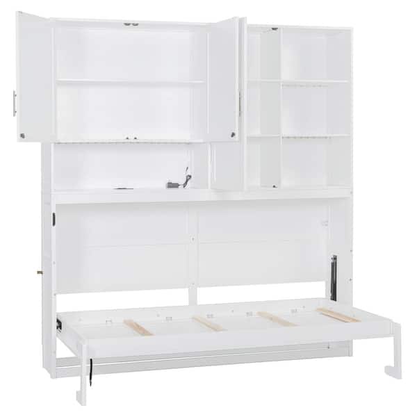 White Wood Frame Twin Murphy Bed with Top Cabinet,Shelves and Light & USB