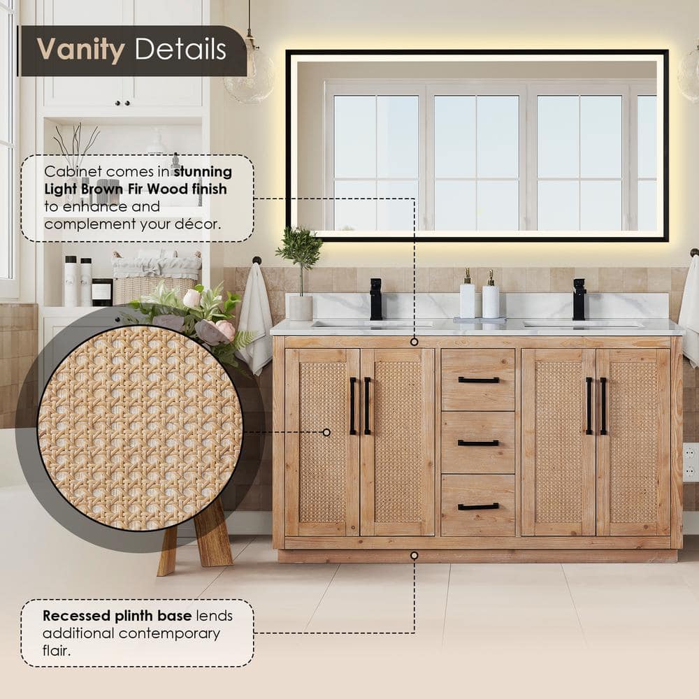 Floral 60" Light Brown Fir Wood Double Vanity with Calacatta Quartz Top