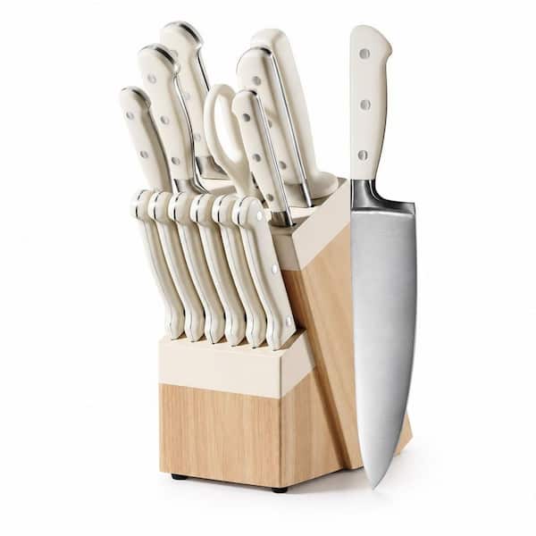 14-Piece Cream High Carbon Stainless Steel Knife Set with Block, Sharp Blade Block Knife Set