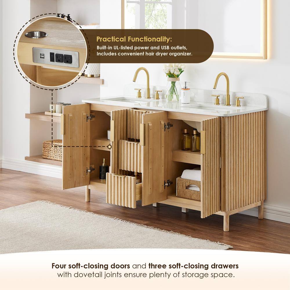 Sierra 60" Washed Light Brown Double Vanity with Engineered Stone Top