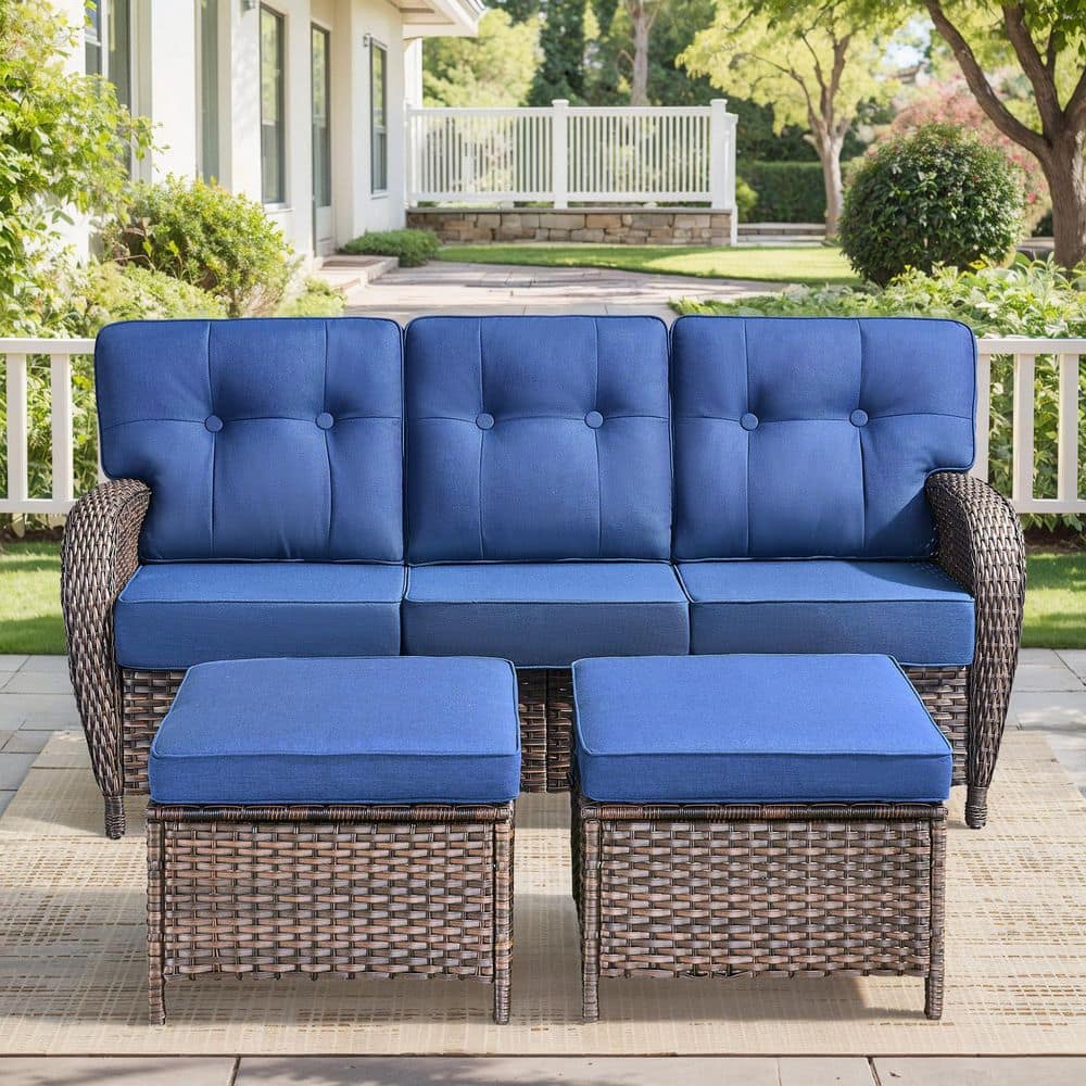 Modern Seaside Series 3-Piece Patio Wicker Outdoor Sofa with 2 Ottoman and Blue Cushions price history on PriceWatchPro