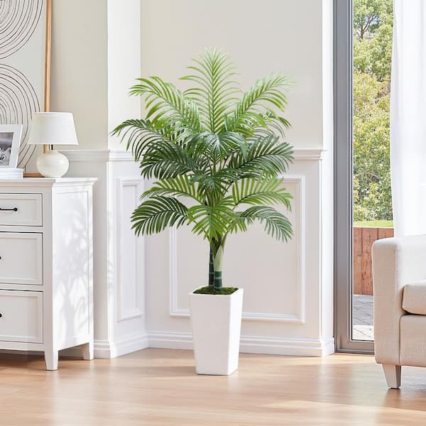 Artificial Areca Palm Tree 5 ft., Artificial Palm Tree in Pot, Fake Palm Tropical Plants with White Tall Planter